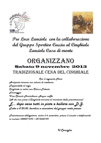 Locandina della Tradizionale cena del Cinghiale a Lanciole, edizione del 2013