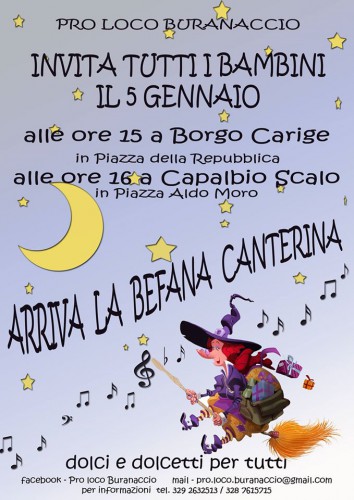 Locandin di Arriva la Befana Canterina a Capalbio Scalo e Borgo Carige, edizione del 2015