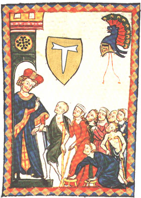 Antica miniatura raffigurante un cavaliere dell'Ordine di San Giacomo di Altopascio