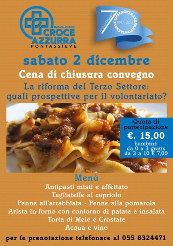 Locandina della cena di chiusura del convegno La riforma del terzo settore a Pontassieve