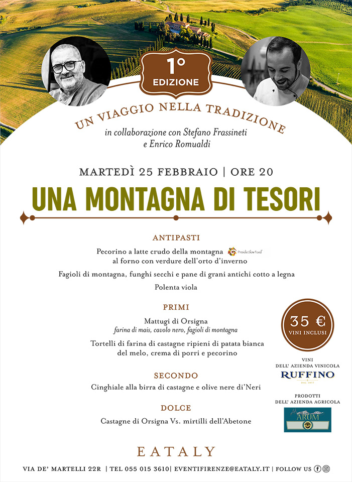 Locandina de Una Montagna di Tesori, a cena con lo Chef Stefano Frassineti, presso Eataly Firenze
