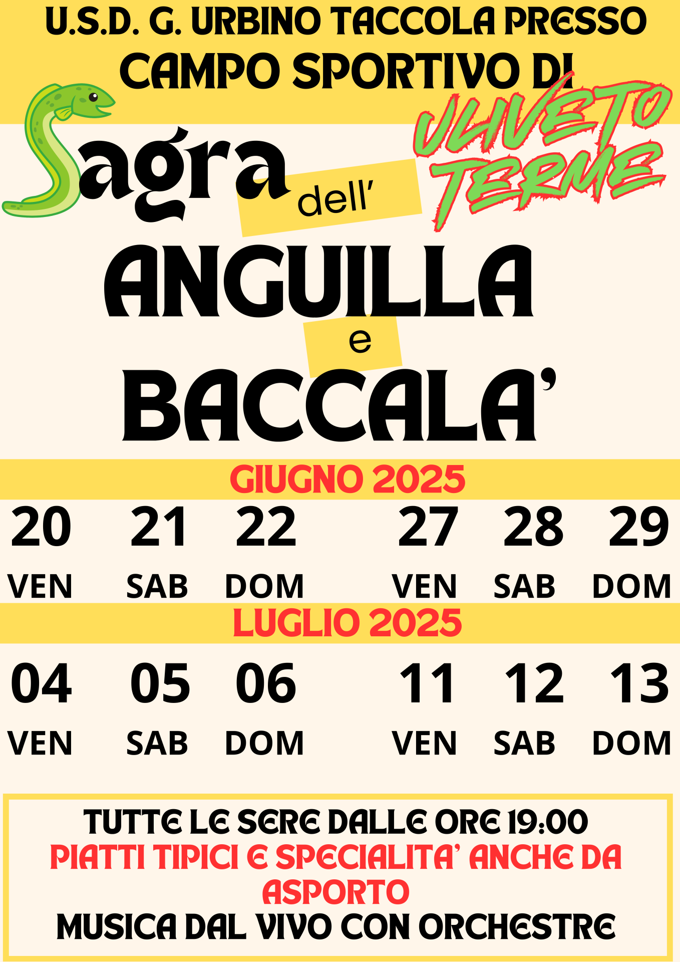 Locandina della Sagra dell'anguilla e del baccalà a Uliveto Terme