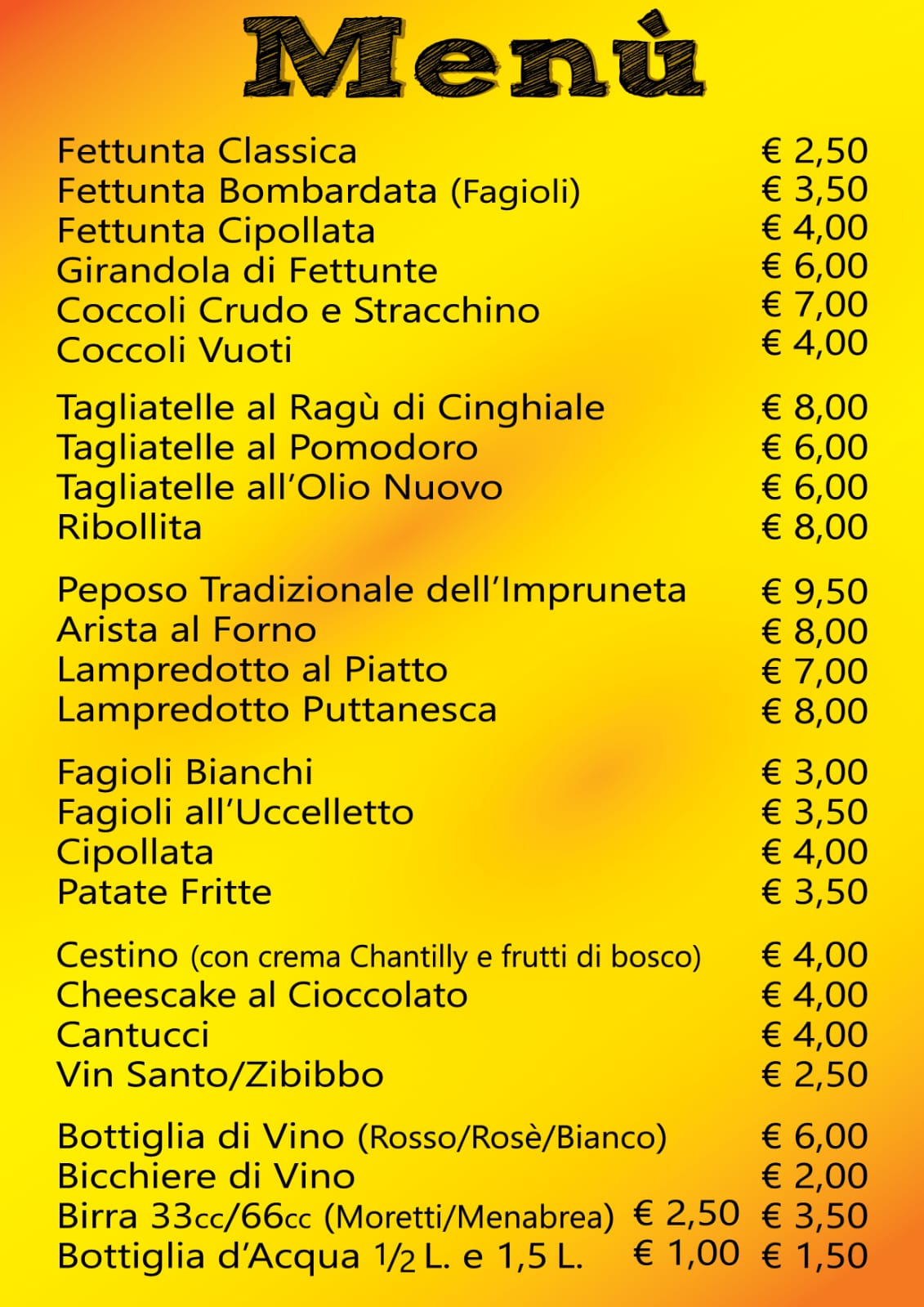 Menù della Fettunta a Mezzomonte, Impruneta