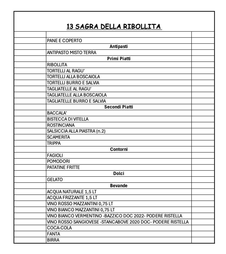 Menù della Sagra della Ribollita a Ribolla