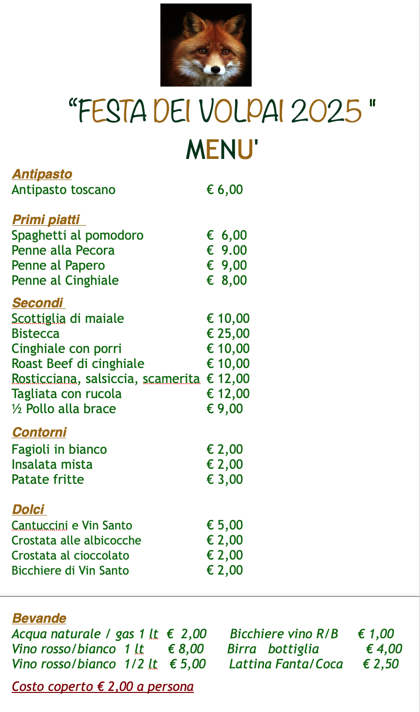Menù Festa dei Volpai a Pozzolatico