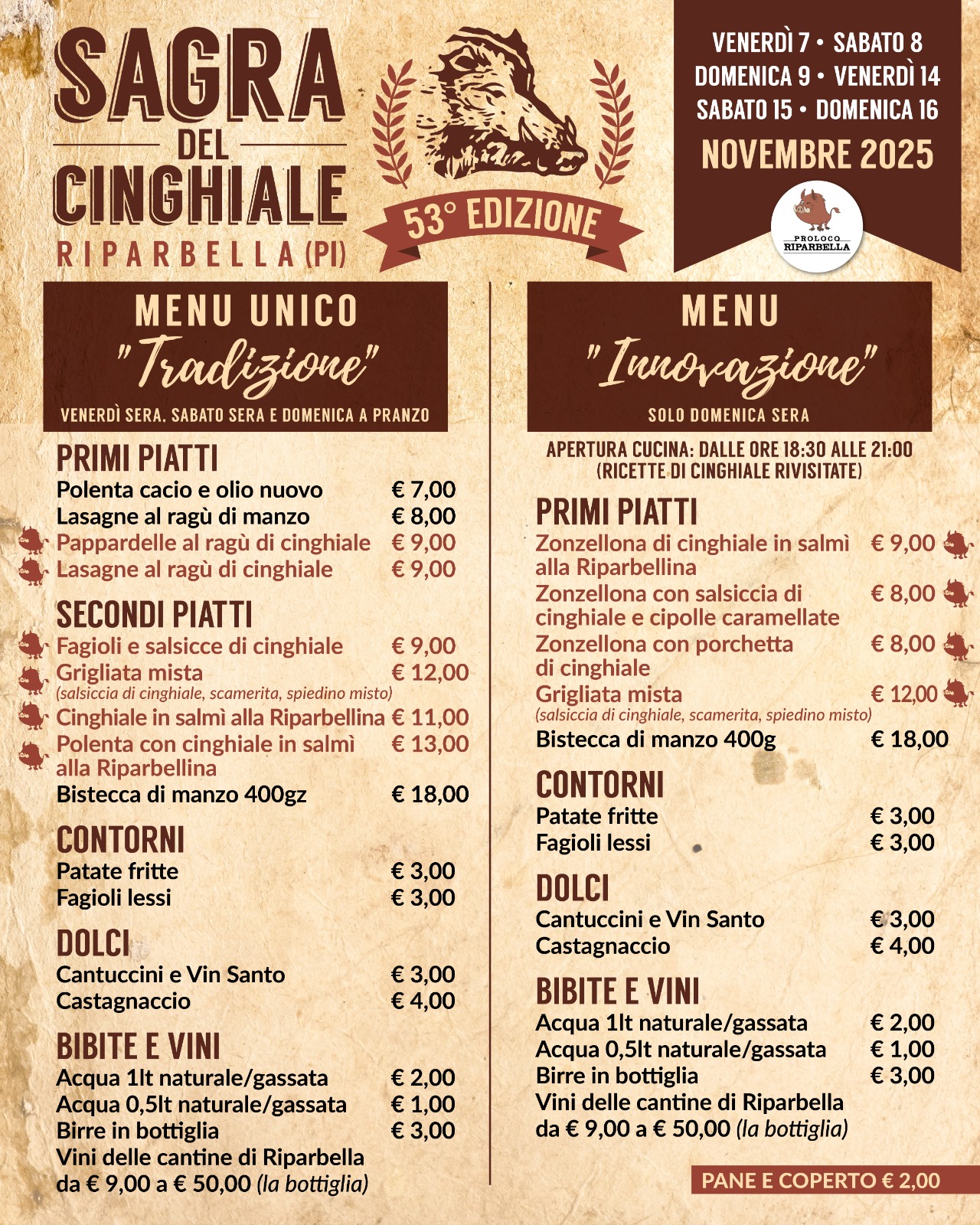 Menù della Sagra del Cinghiale a Riparbella