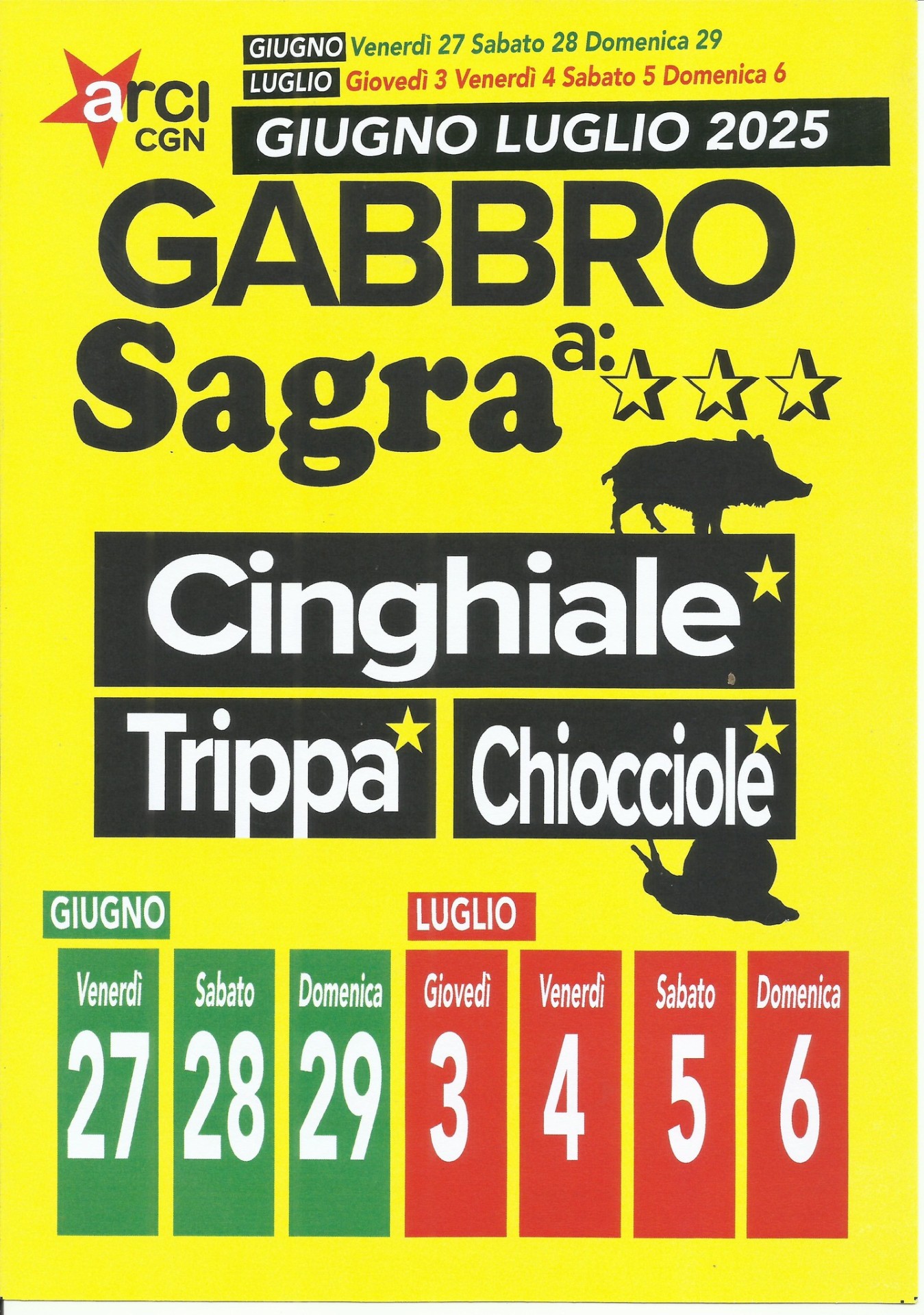 Locandina della Sagra a tre stelle del cinghiale, della trippa e delle chiocciole