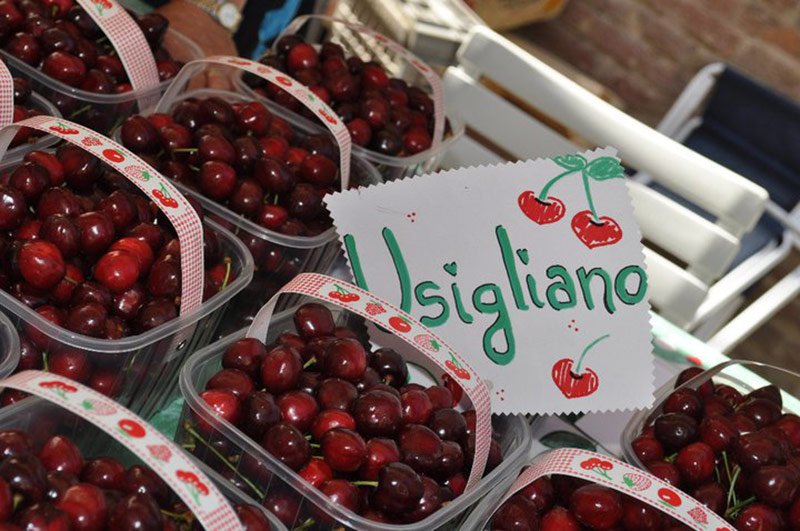Un banco del mercato delle ciliegie di Lari